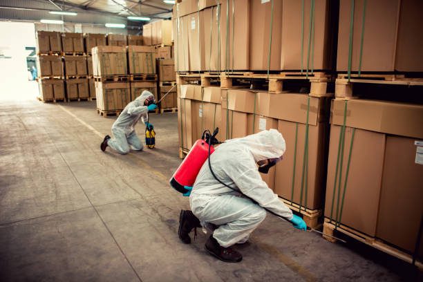 Exterminators in warehouse spraying pesticides with sprayer